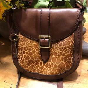 Used fossil leather crossbody giraffe print bag